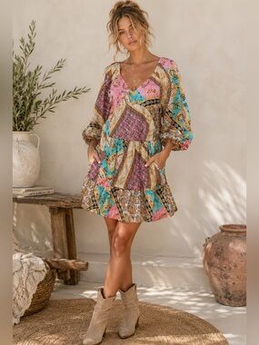 Meritt Boho Patchwork Paisley Mini Dress Womens Medium Pockets Puff Sleeve NWT